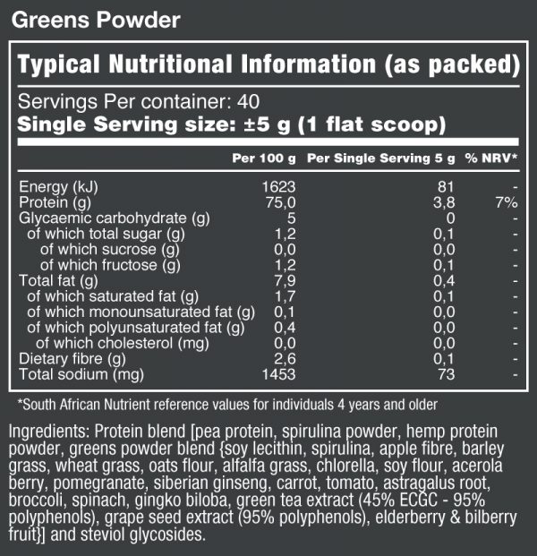 greens powder typical nutritional information